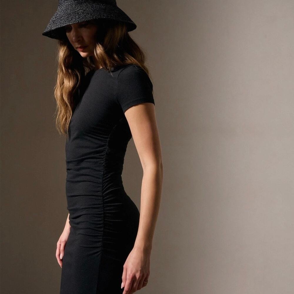James Perse Black Ruched T-Shirt Midi Dress Women’s Size Large 3 Cotton Stretch - Picture 7 of 16